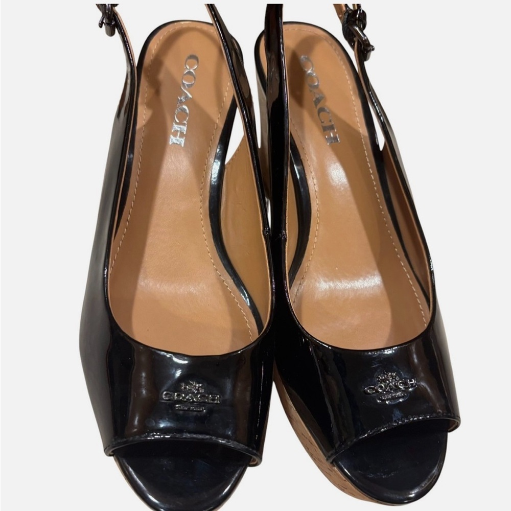 NWOB Coach Ferry Black Patent Leather Peek A Boo Toe Slingback Cork Wedges 8.5B - Picture 4 of 10